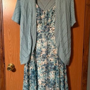 Ella Teal and White Floral Midi Dress with Knit Cardigan